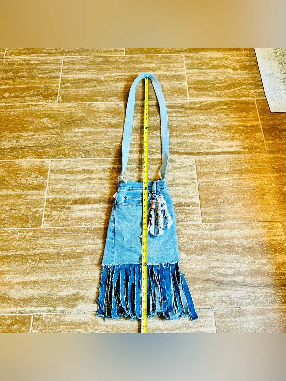 Unique BOHO Handmade Crossbody Upcycled Denim Fringed W/Beads Bag